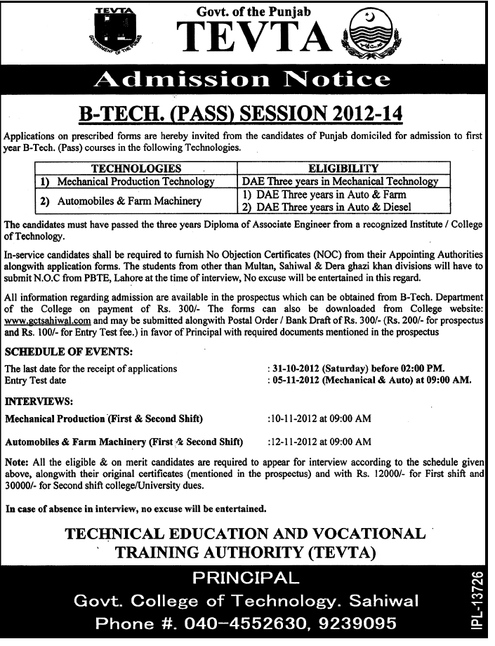 Govt of Punjab TEVTA B-Tech Pass Admissions 2012-2013 Govt of Punjab TEVTA B-Tech Pass Admissions 2012-2013