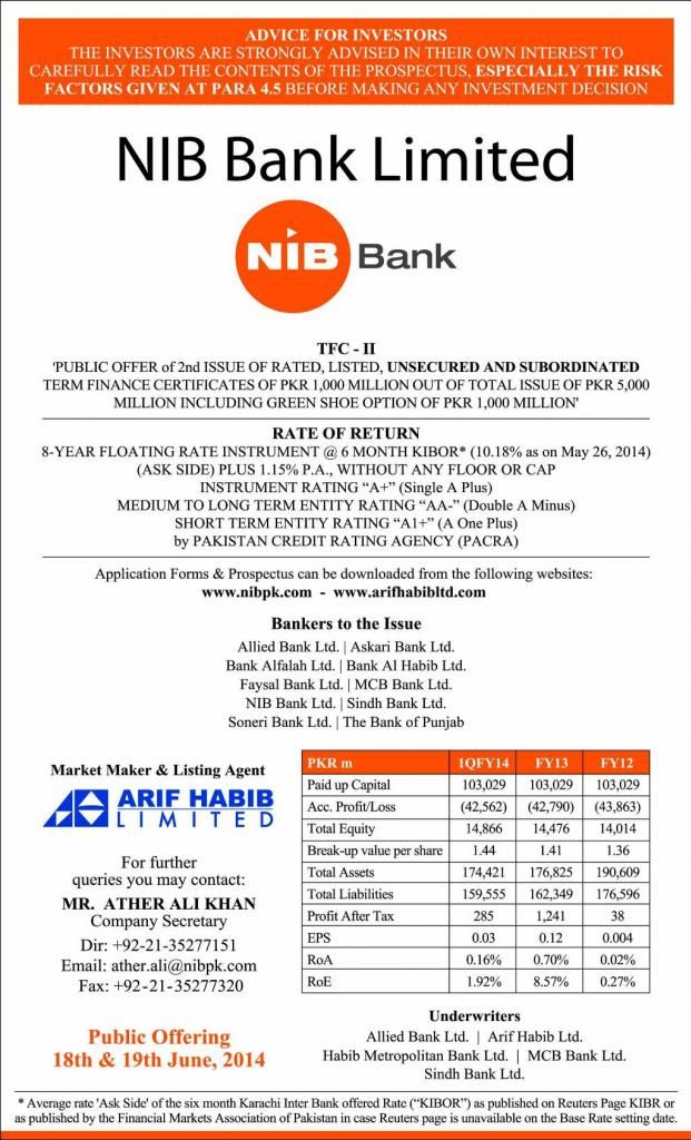 NIB Bank Limited TFC 2 Public Offering 1819th June 2014