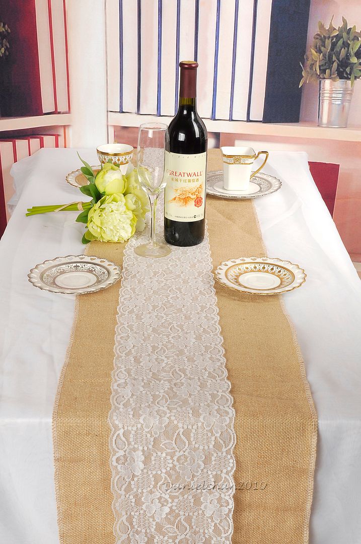 240cm Natural Burlap Jute Hessian White Lace Combo Table Runner Vintage