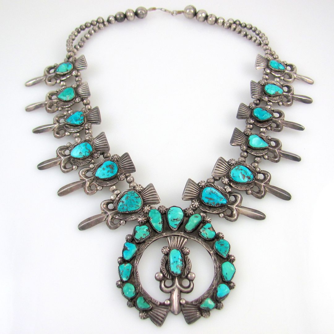 Old Pawn Zuni Handmade Silver & Turquoise Squash Blossom