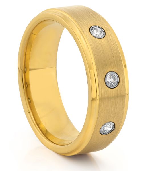 8MM-Tungsten-Mens-Brushed-Polished-Gold-Diamond-Wedding-Band-Ring