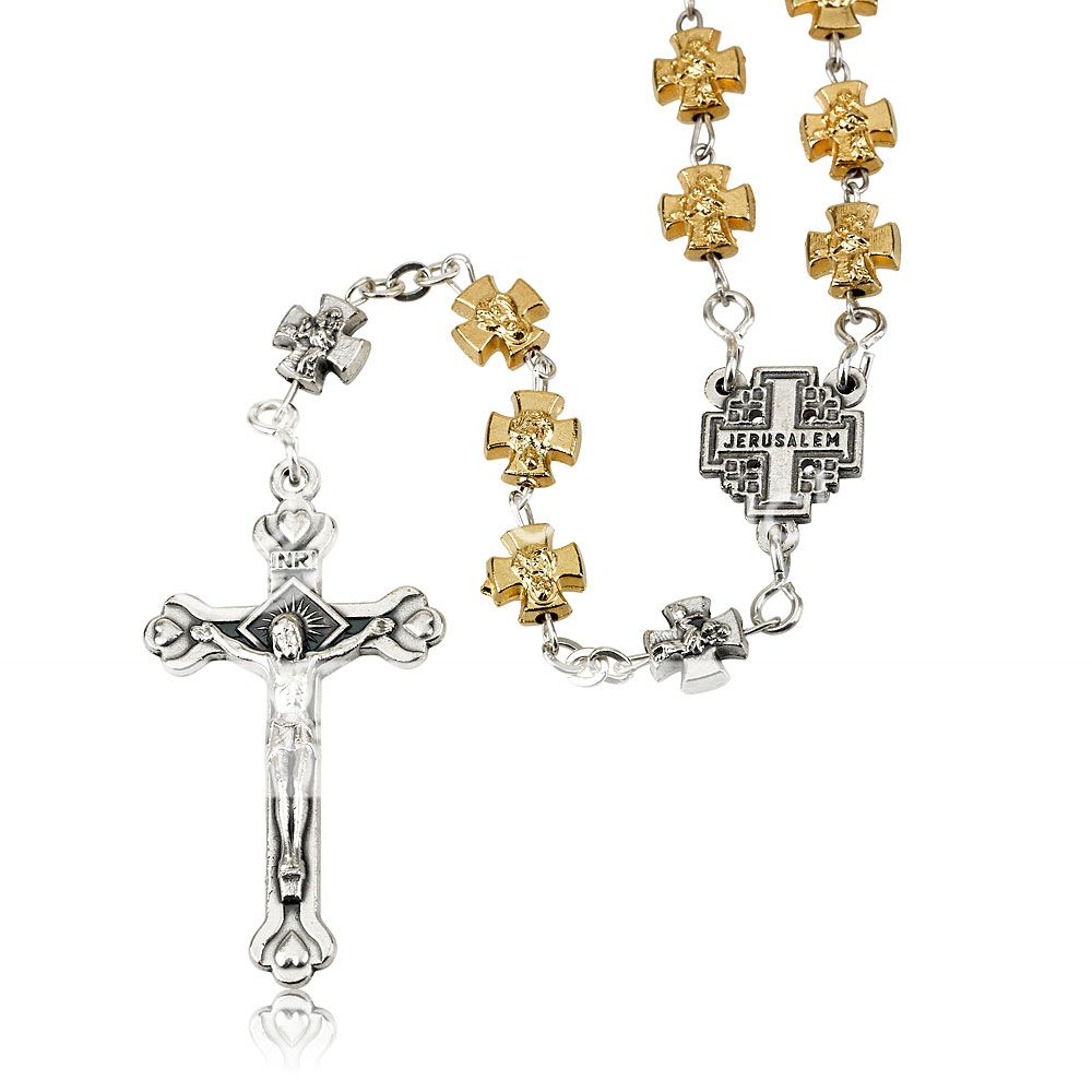 Newest Shiny Gold Silver Plated Rosary Necklace Silver Plated Cross 21" Inch